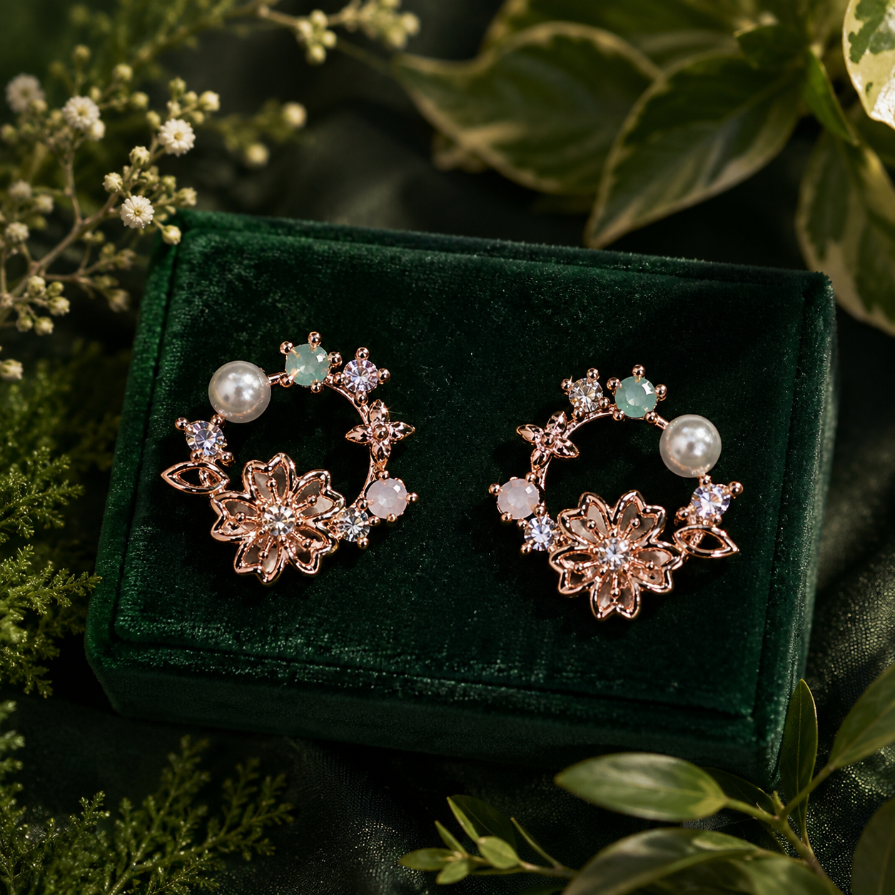 Rose Gold Floral Pearl & Crystal Hoop Earrings for Women