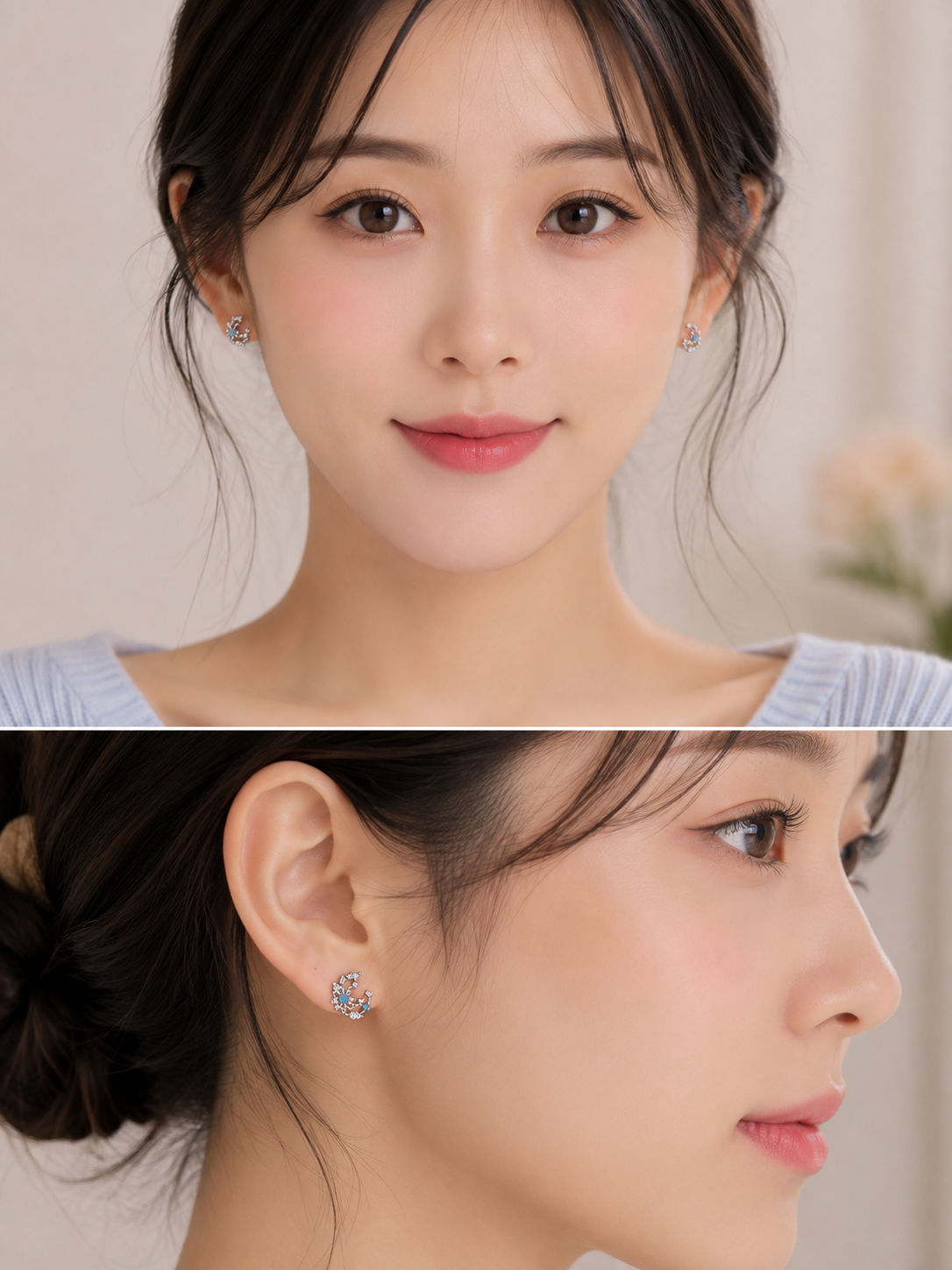 Silver Floral Blue Crystal Hoop Earrings for Women