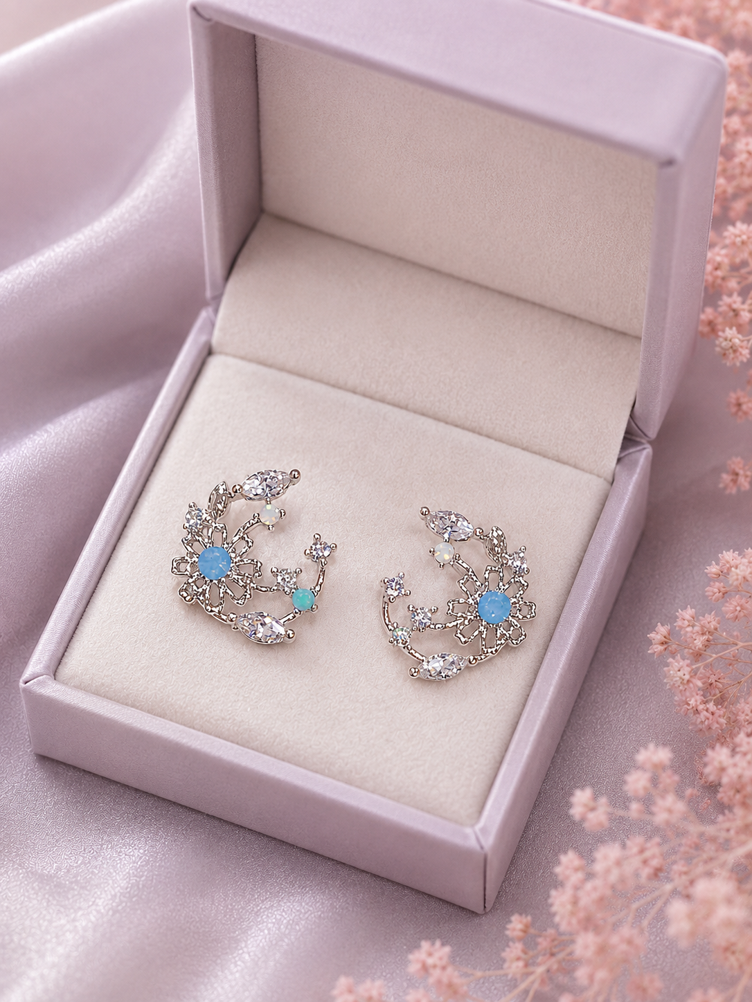 Silver Floral Blue Crystal Hoop Earrings for Women