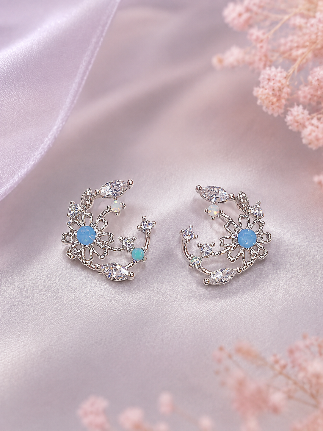 Silver Floral Blue Crystal Hoop Earrings for Women