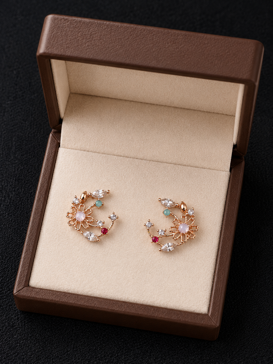 Rose Gold Floral Multicolor Crystal Drop Earrings for Women