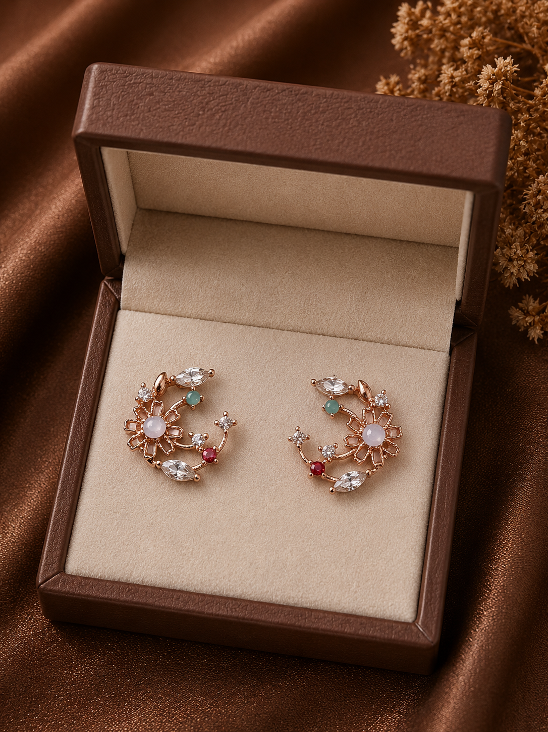 Rose Gold Floral Multicolor Crystal Drop Earrings for Women
