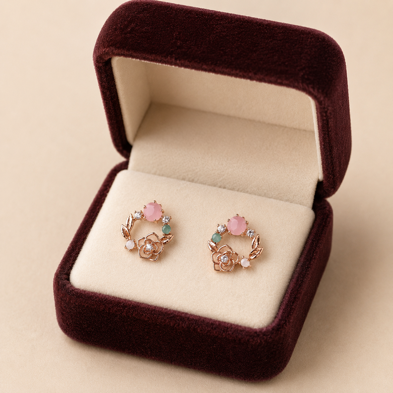 Rose Gold Floral Pink & Green Stone Stud Earrings for Women
