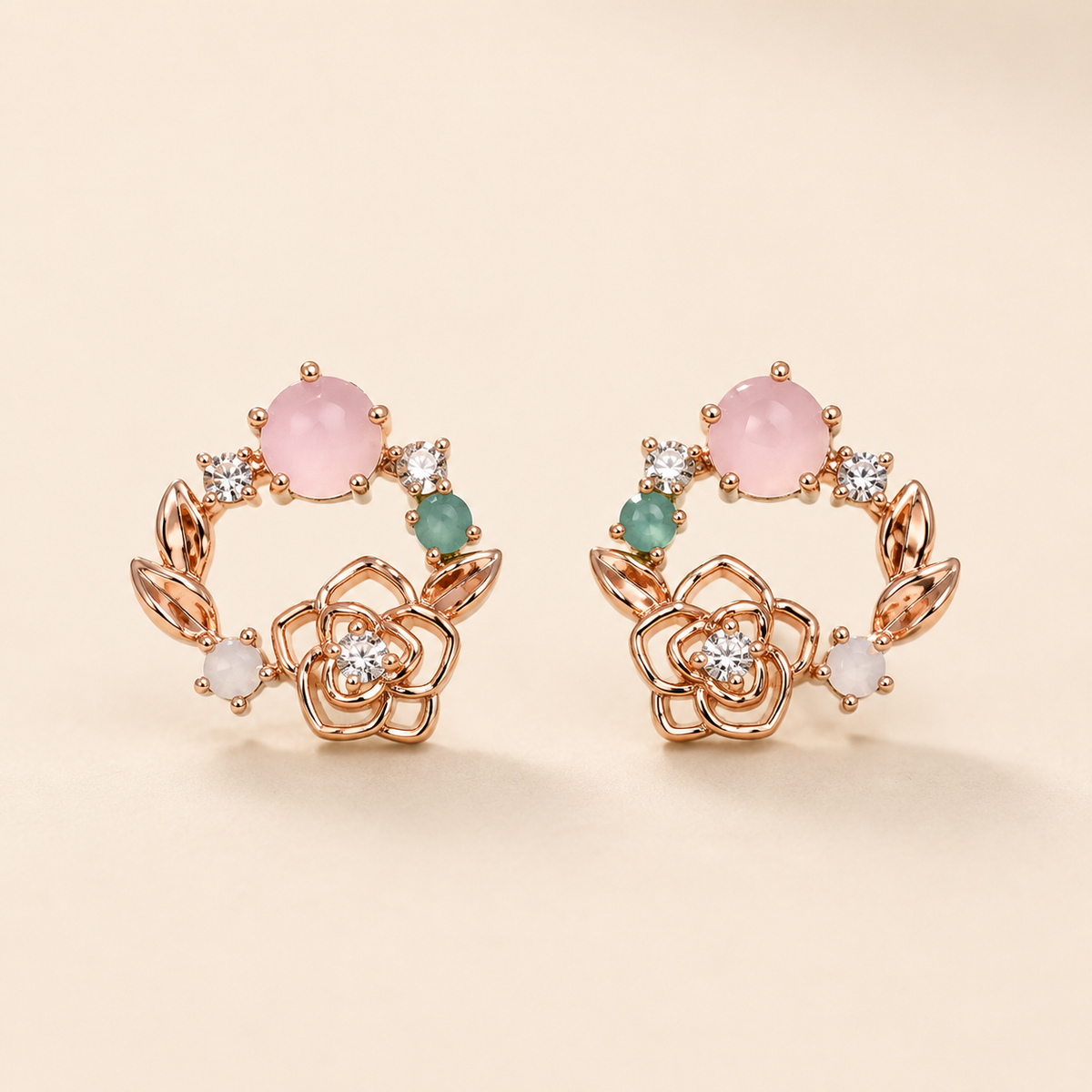 Rose Gold Floral Pink & Green Stone Stud Earrings for Women