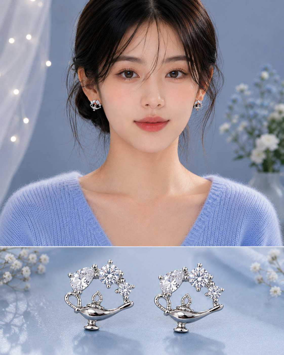 Silver Crystal Magic Genie Lamp Stud Earrings for Women
