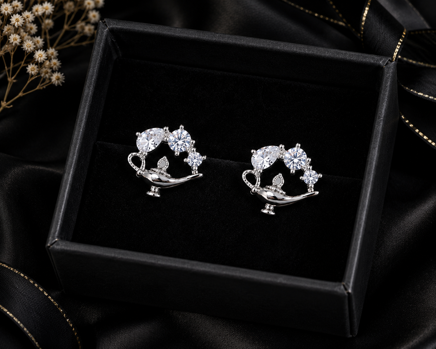 Silver Crystal Magic Genie Lamp Stud Earrings for Women