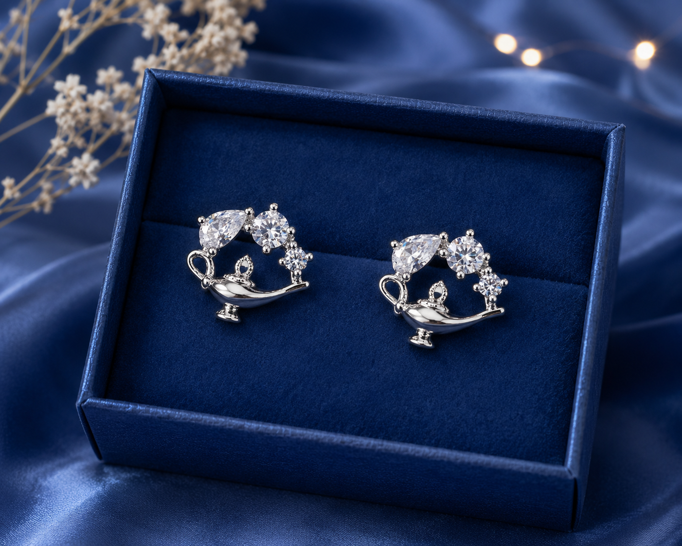 Silver Crystal Magic Genie Lamp Stud Earrings for Women
