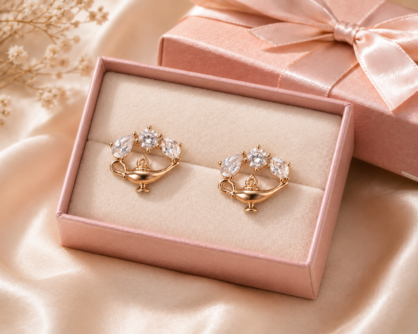 Rose Gold Crystal Genie Lamp Stud Earrings for Women
