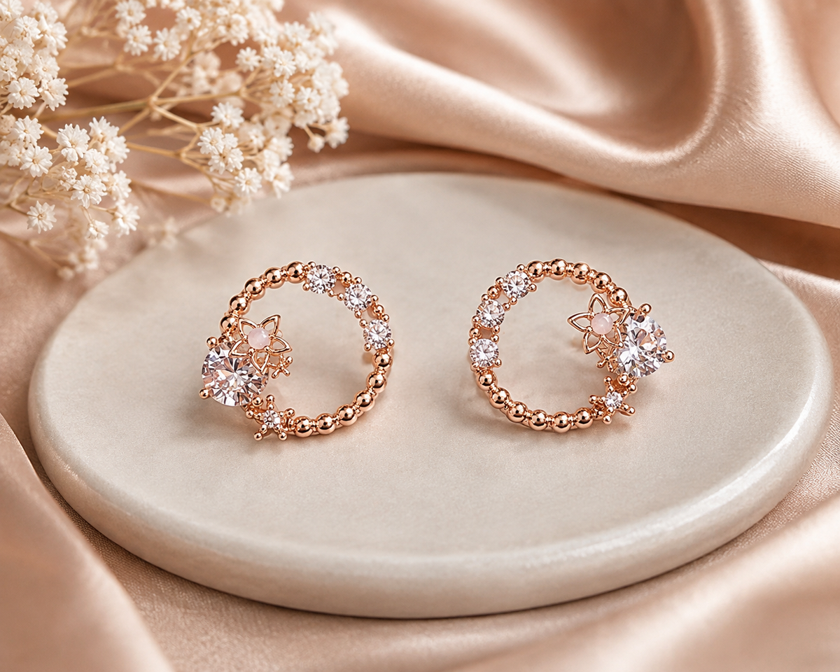 Rose Gold Crystal Floral Hoop Earrings for Women