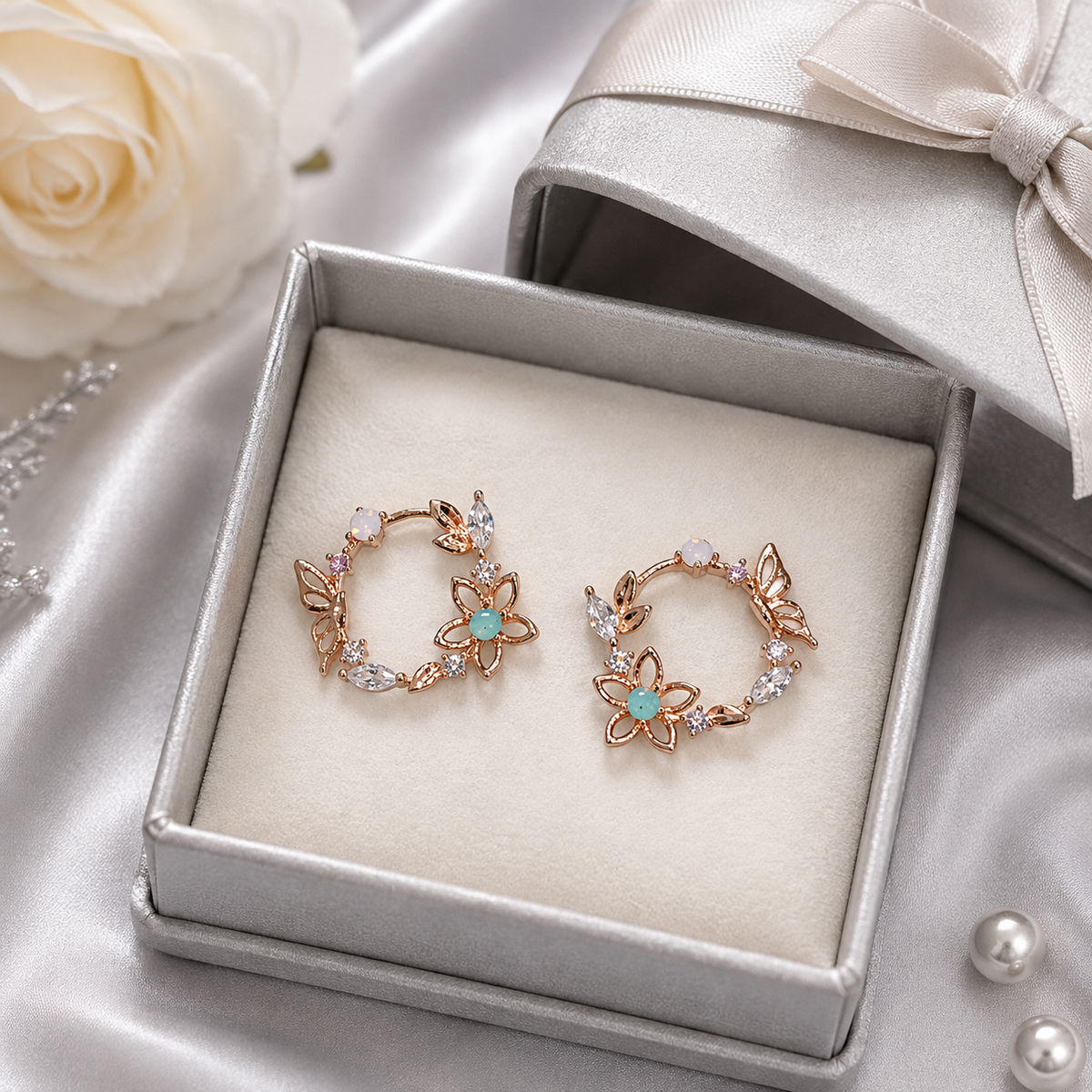 Rose Gold Floral Turquoise & Crystal Hoop Earrings for Women