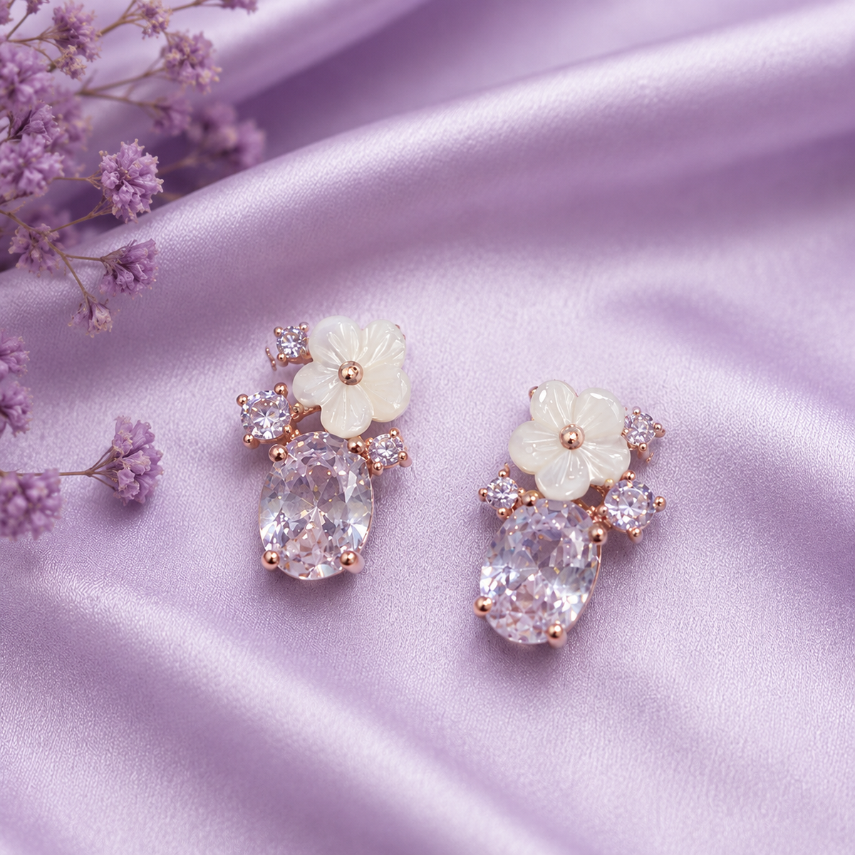Rose Gold Floral Crystal Drop Stud Earrings for Women