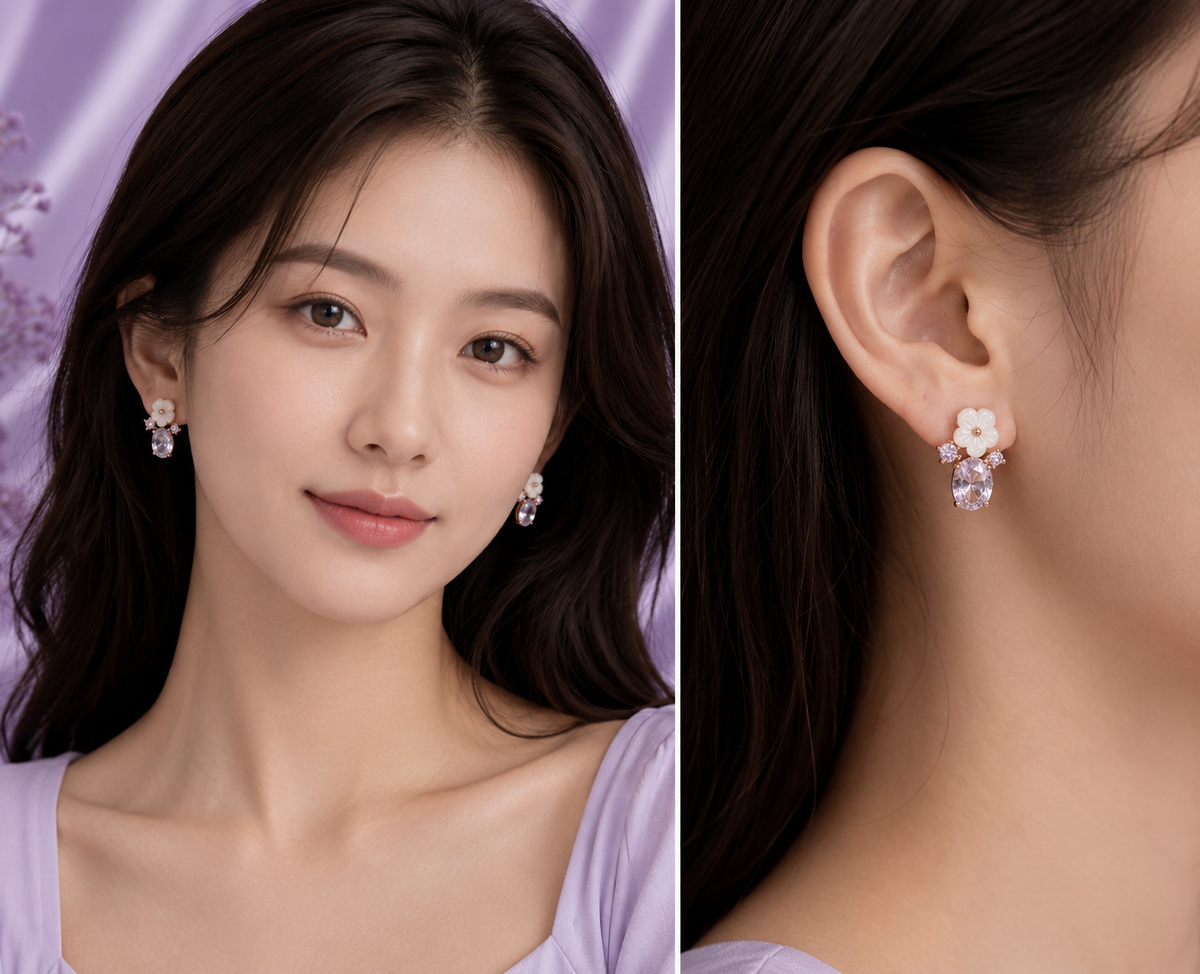Rose Gold Floral Crystal Drop Stud Earrings for Women