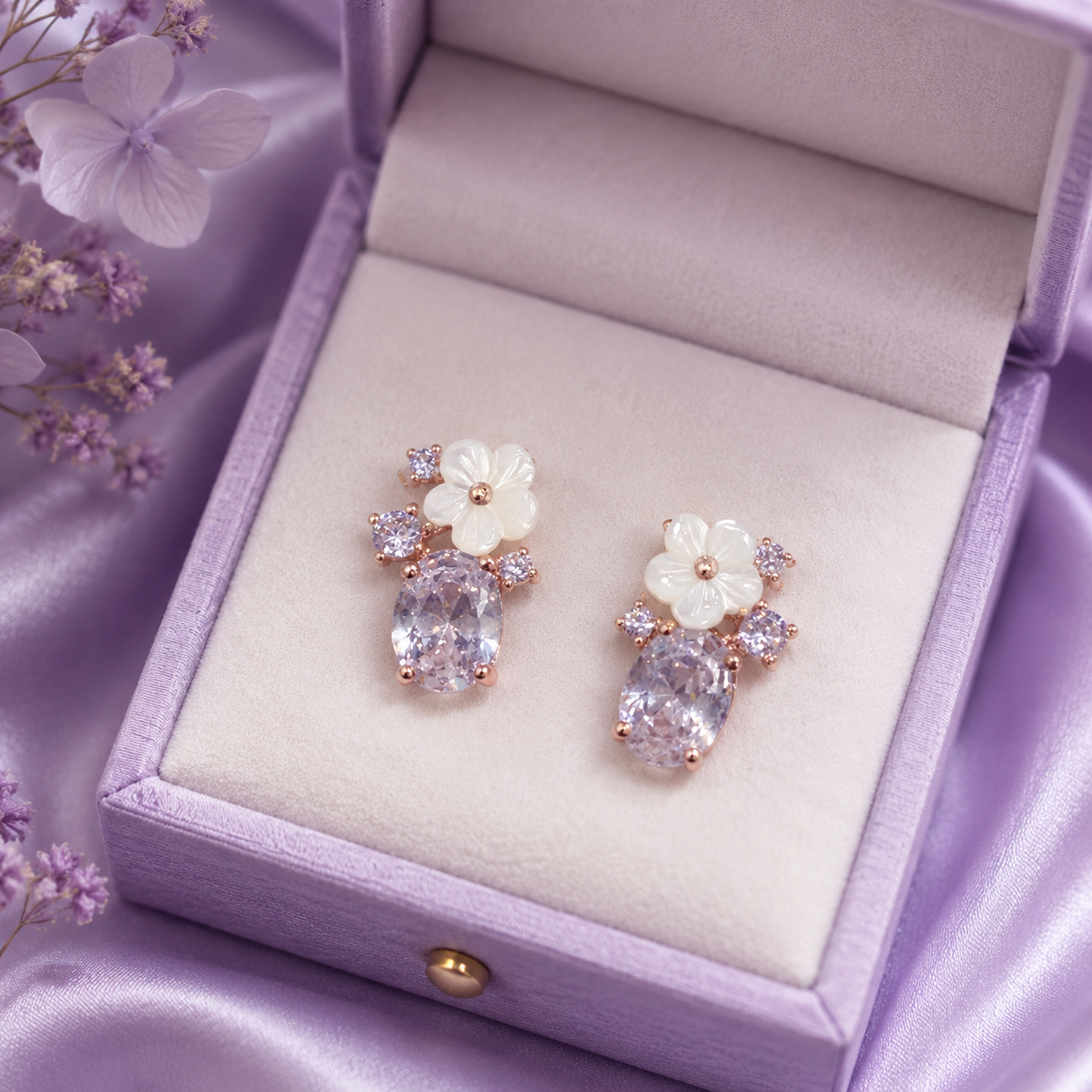 Rose Gold Floral Crystal Drop Stud Earrings for Women