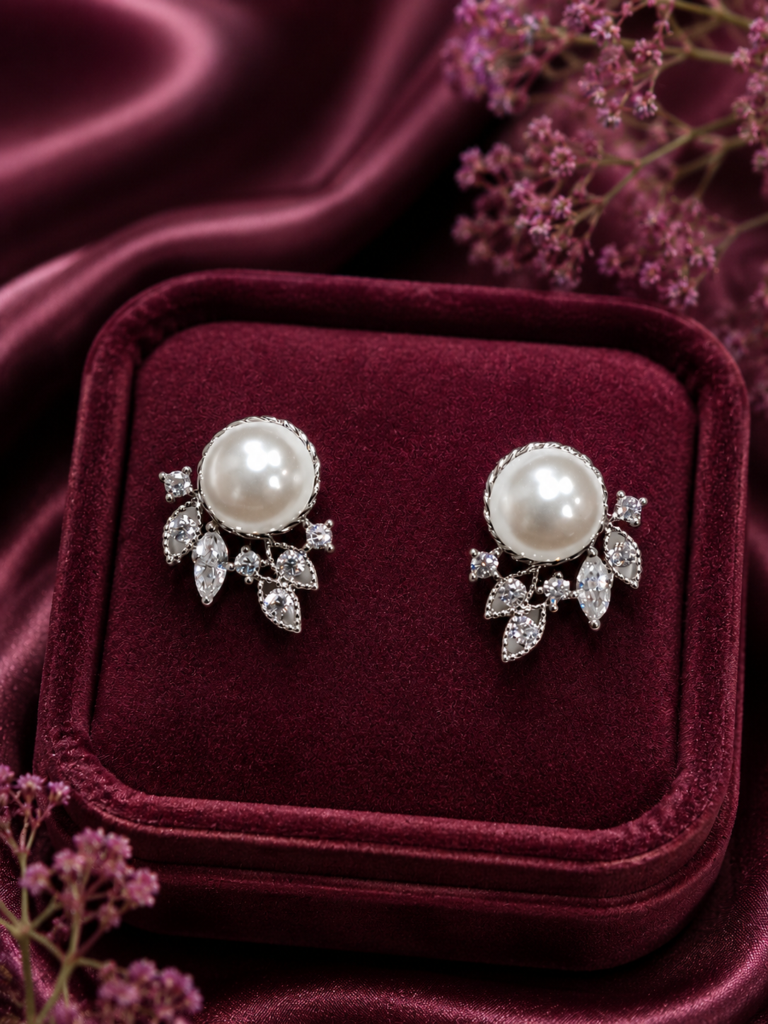 Pearl & Crystal Floral Stud Earrings – Silver Tone