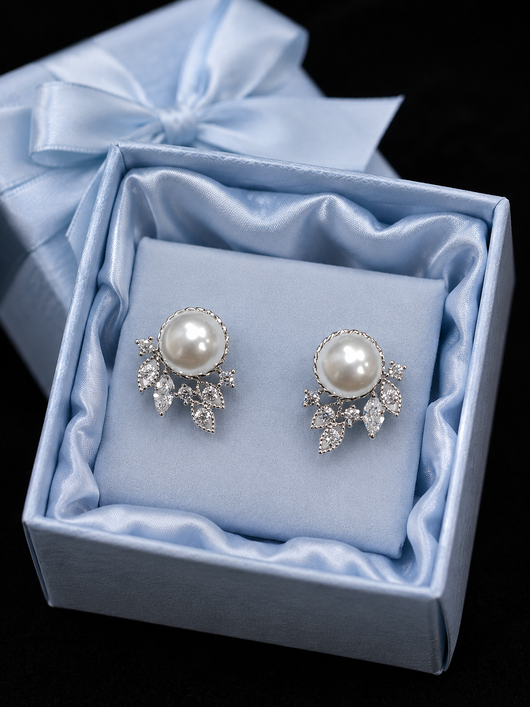 Pearl & Crystal Floral Stud Earrings – Silver Tone