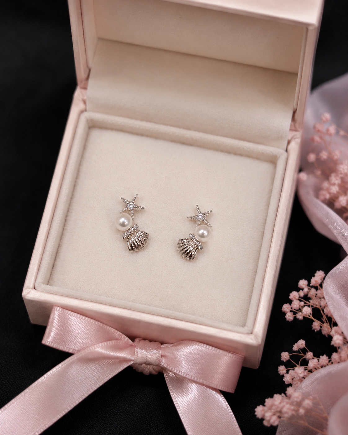 Starfish & Pearl Seashell Stud Earrings – Silver Tone