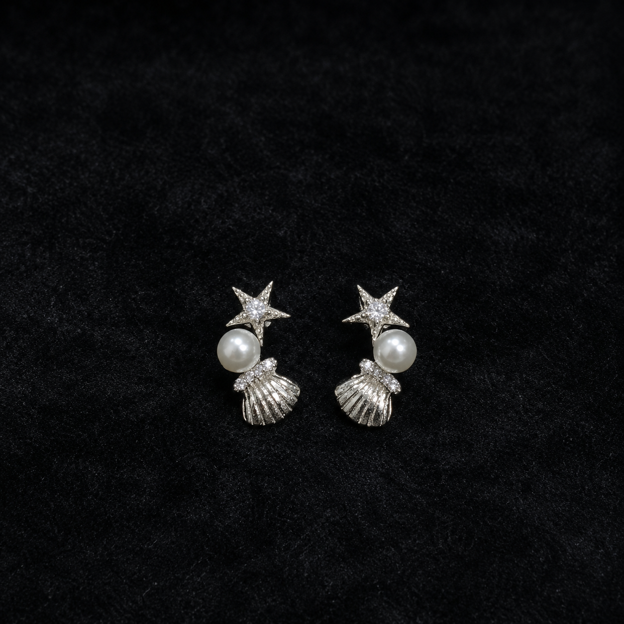 Starfish & Pearl Seashell Stud Earrings – Silver Tone