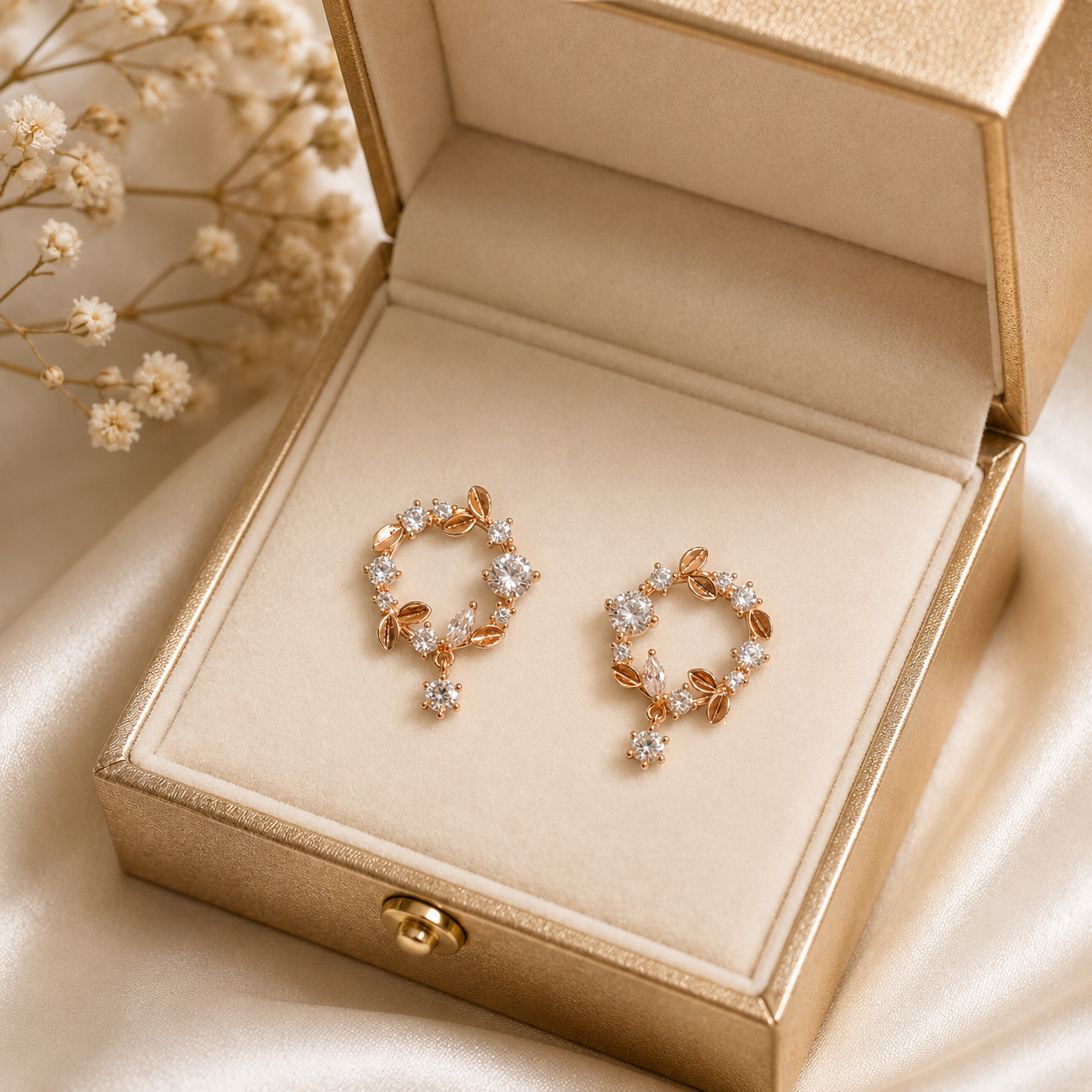 Rose Gold Leaf & Crystal Hoop Drop Earrings for Women