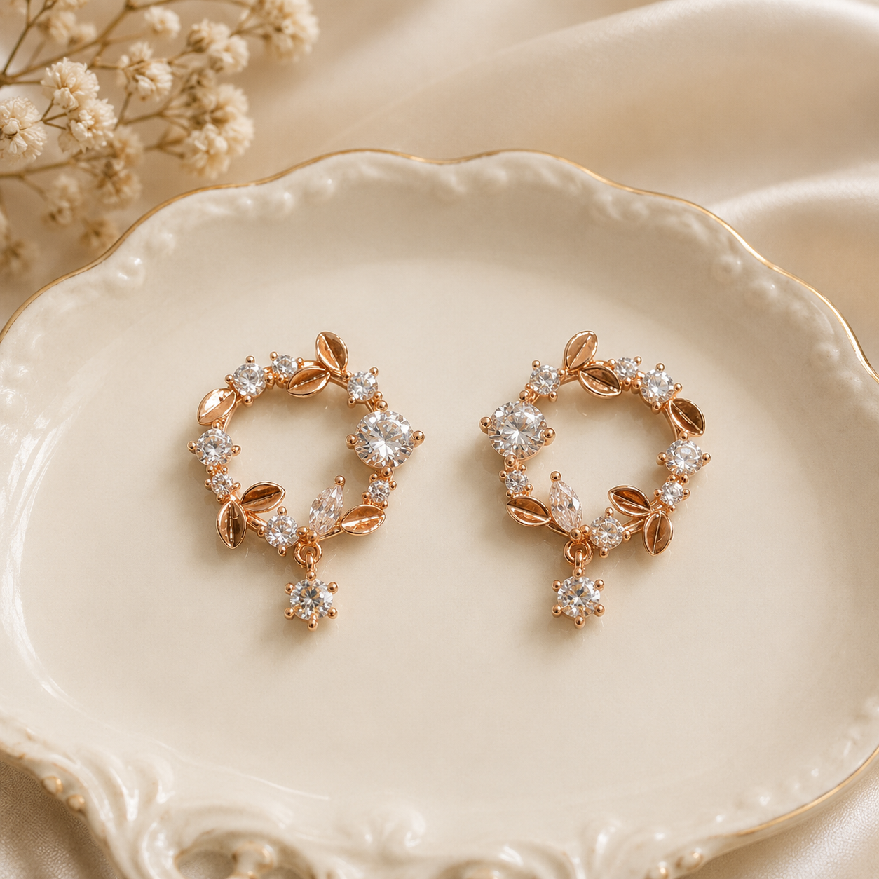 Rose Gold Leaf & Crystal Hoop Drop Earrings for Women