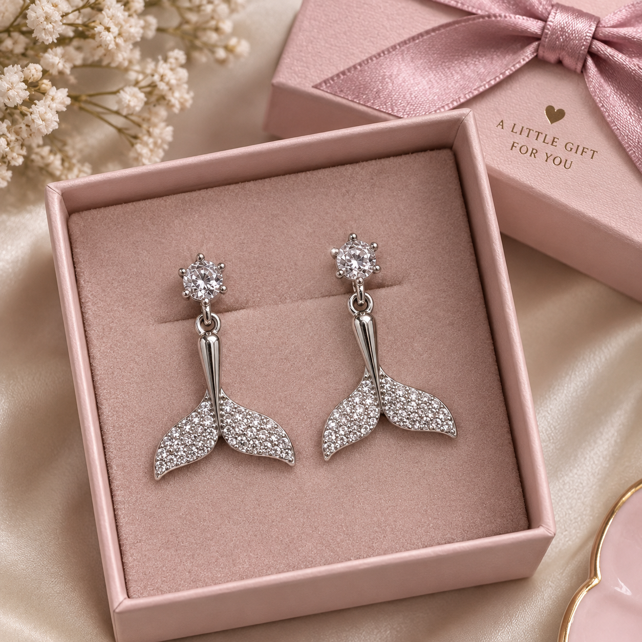 Mermaid Tail Crystal Drop Stud Earrings – Silver Tone