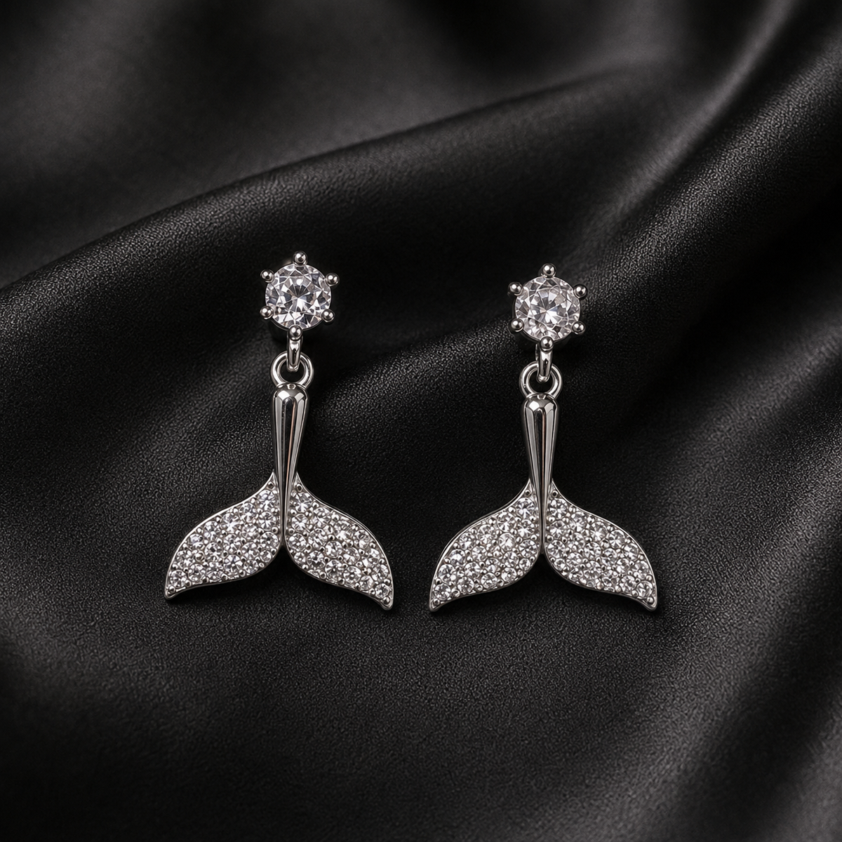 Mermaid Tail Crystal Drop Stud Earrings – Silver Tone