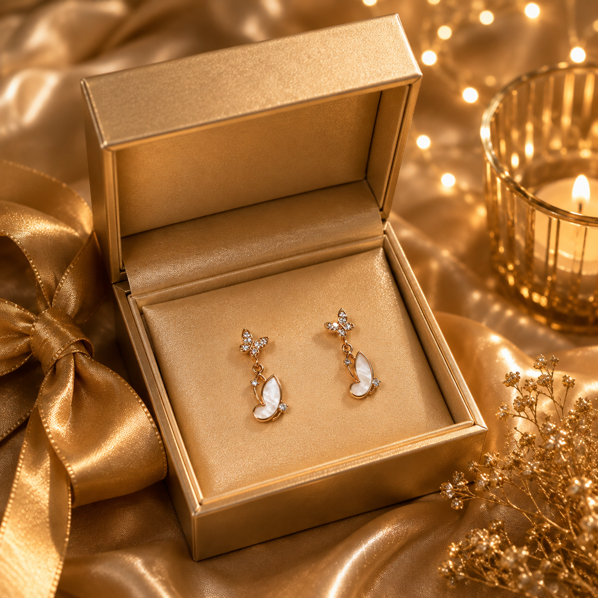 Butterfly Pearl Drop Earrings with Crystal Detailing – Rose Gold