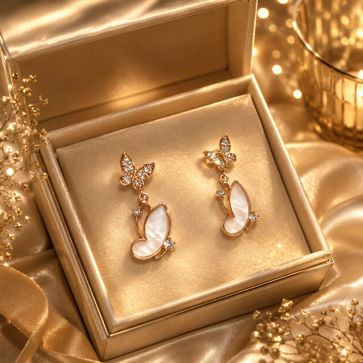 Butterfly Pearl Drop Earrings with Crystal Detailing – Rose Gold