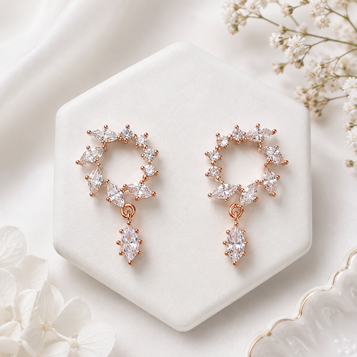 Rose Gold Crystal Leaf Hoop Drop Earrings for Women