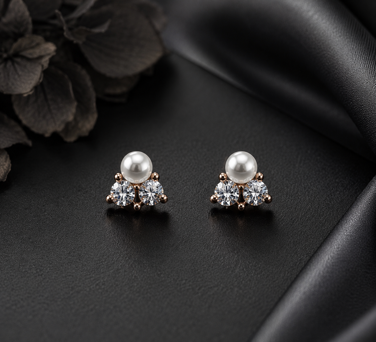 Pearl & Crystal Floral Stud Earrings for Women