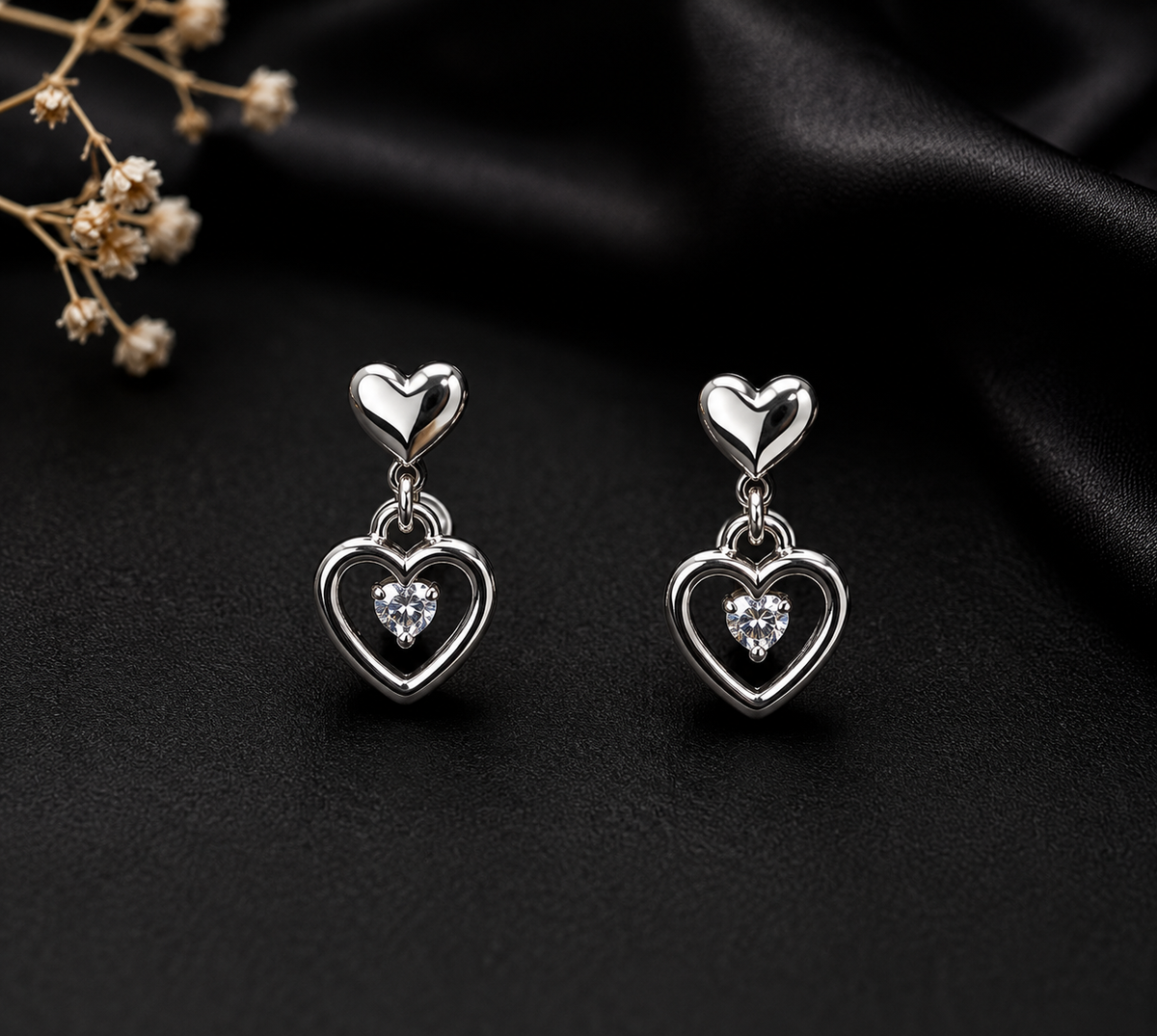 Double Heart Crystal Drop Earrings for Women