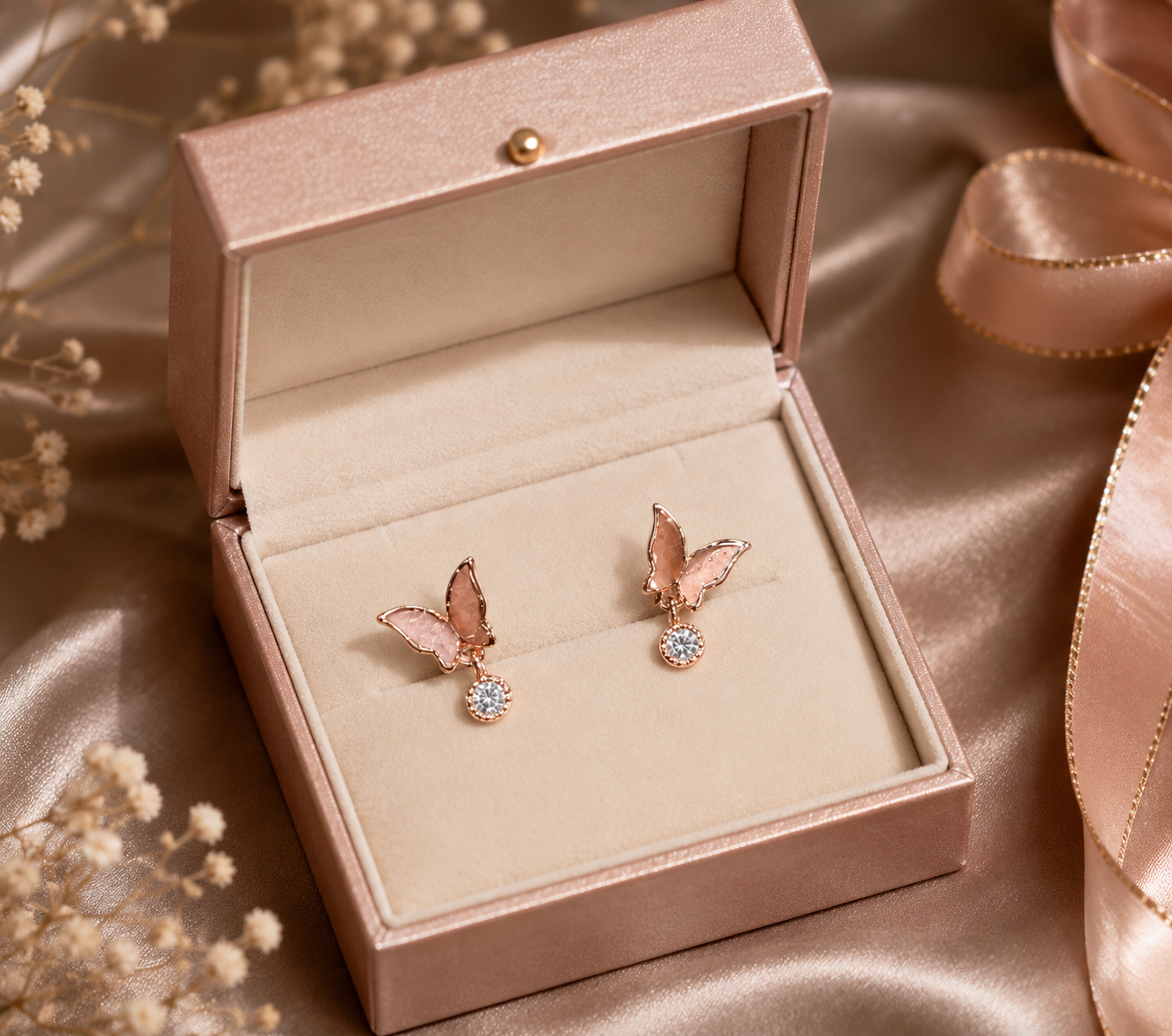 Rose Gold Butterfly Crystal Drop Earrings for Women