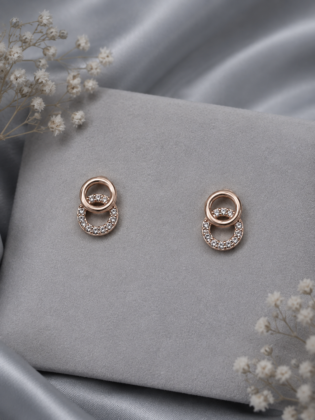 Rose Gold Double Circle Crystal Stud Earrings for Women