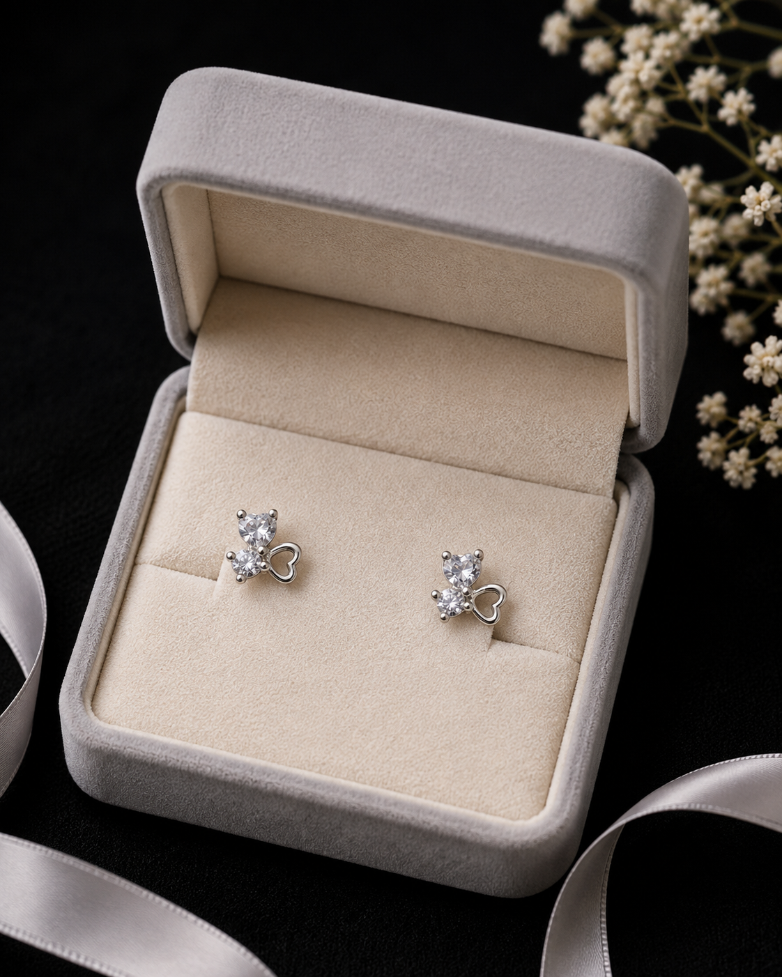 Silver Heart Crystal Stud Earrings for Women
