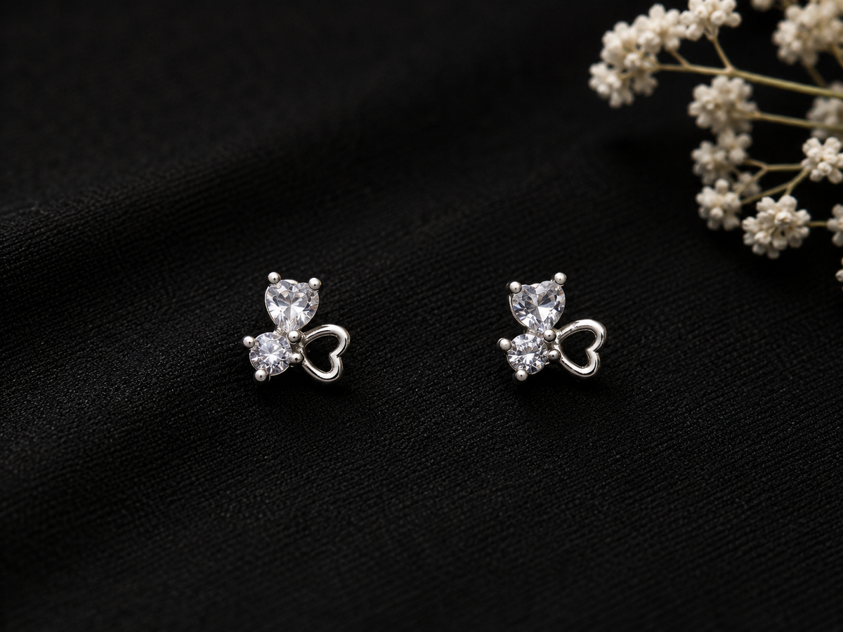 Silver Heart Crystal Stud Earrings for Women
