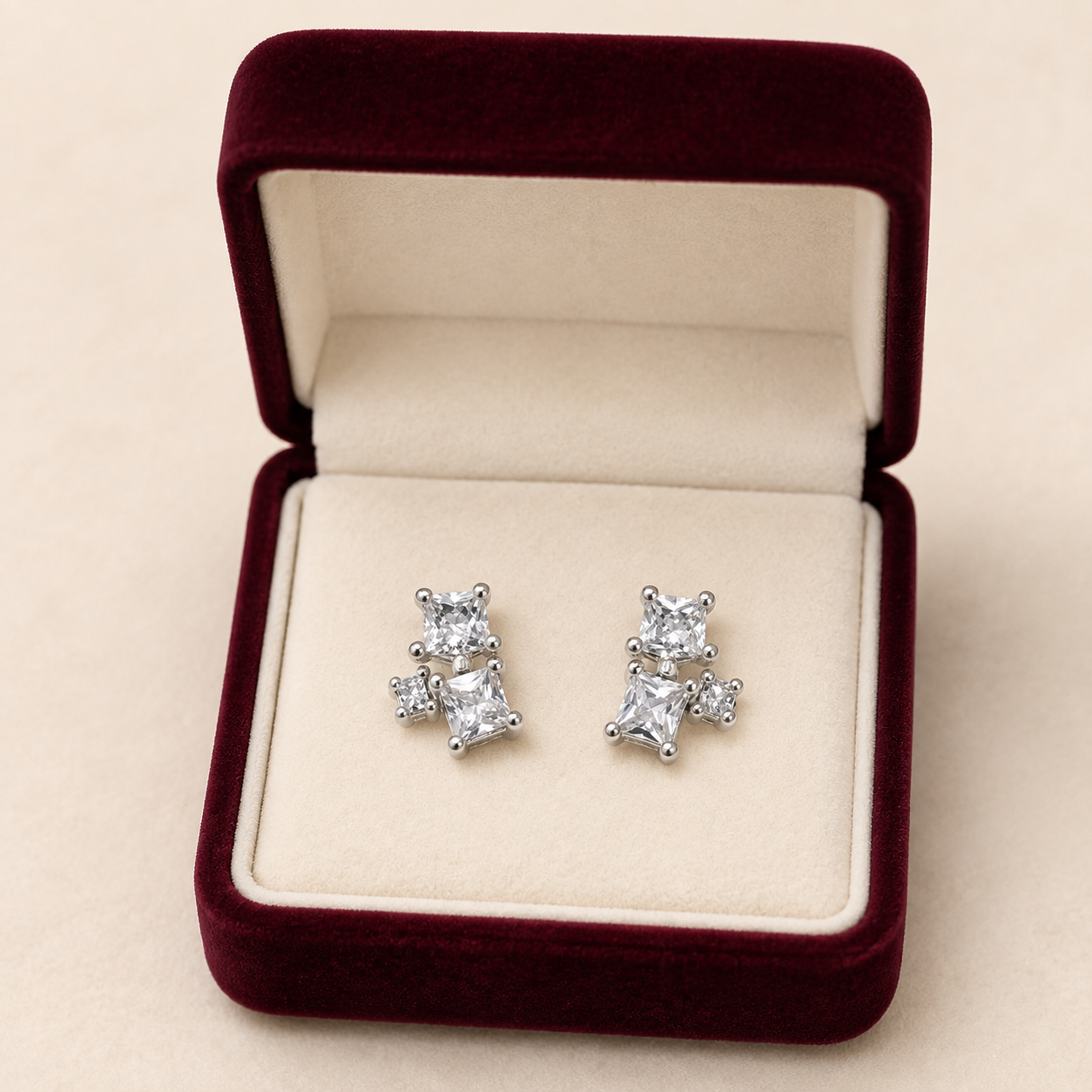 Silver Square Cut Crystal Stud Earrings for Women