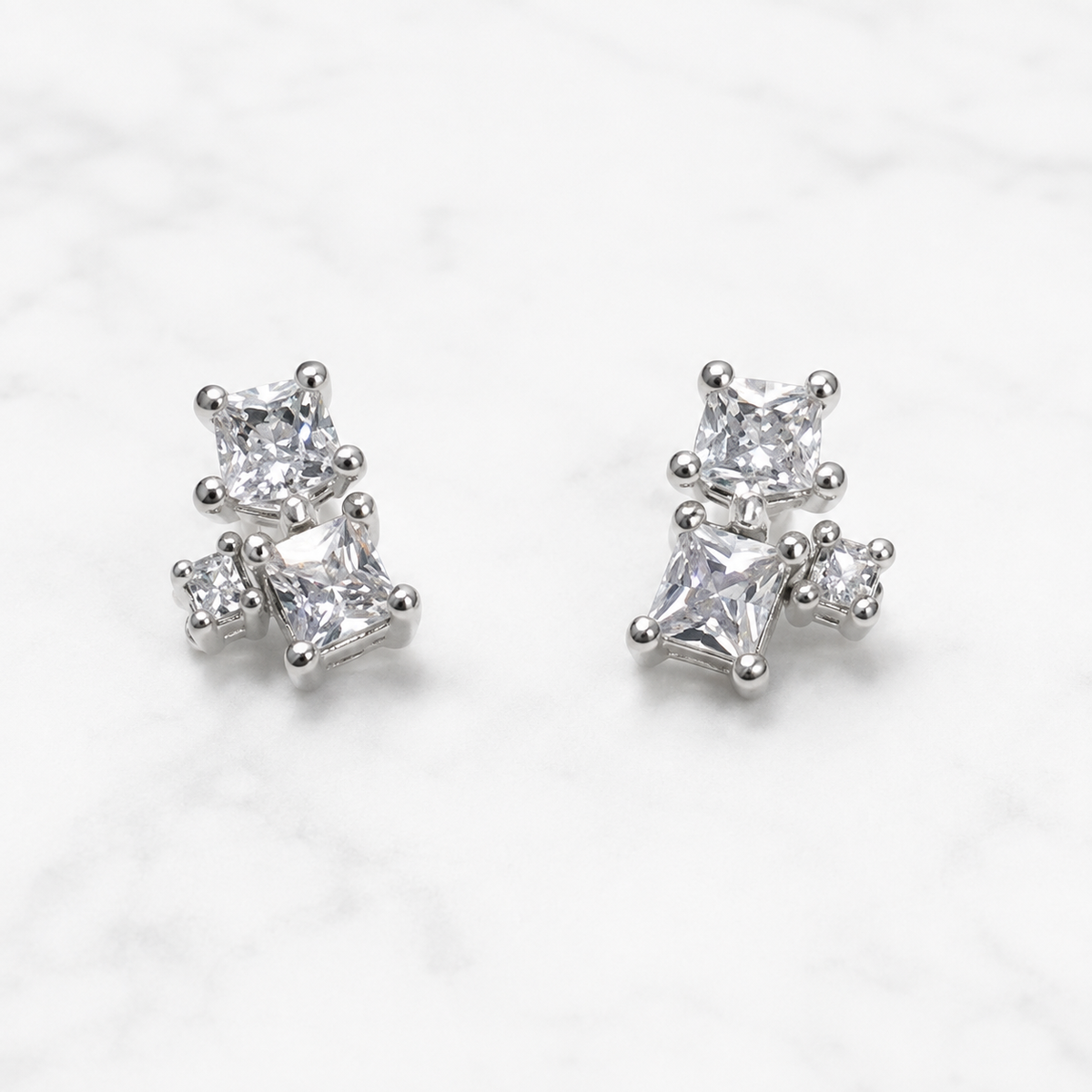 Silver Square Cut Crystal Stud Earrings for Women
