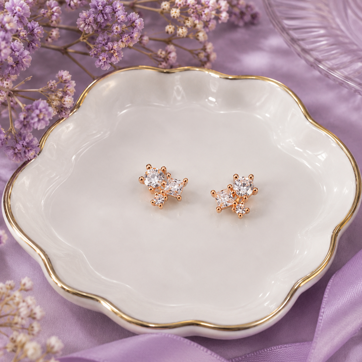 Rose Gold Crystal Star & Flower Stud Earrings for Women