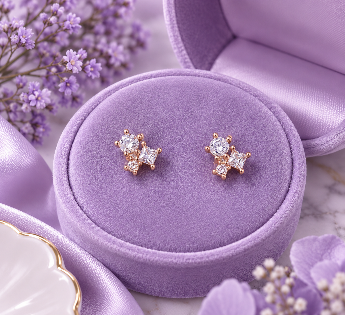 Rose Gold Crystal Star & Flower Stud Earrings for Women