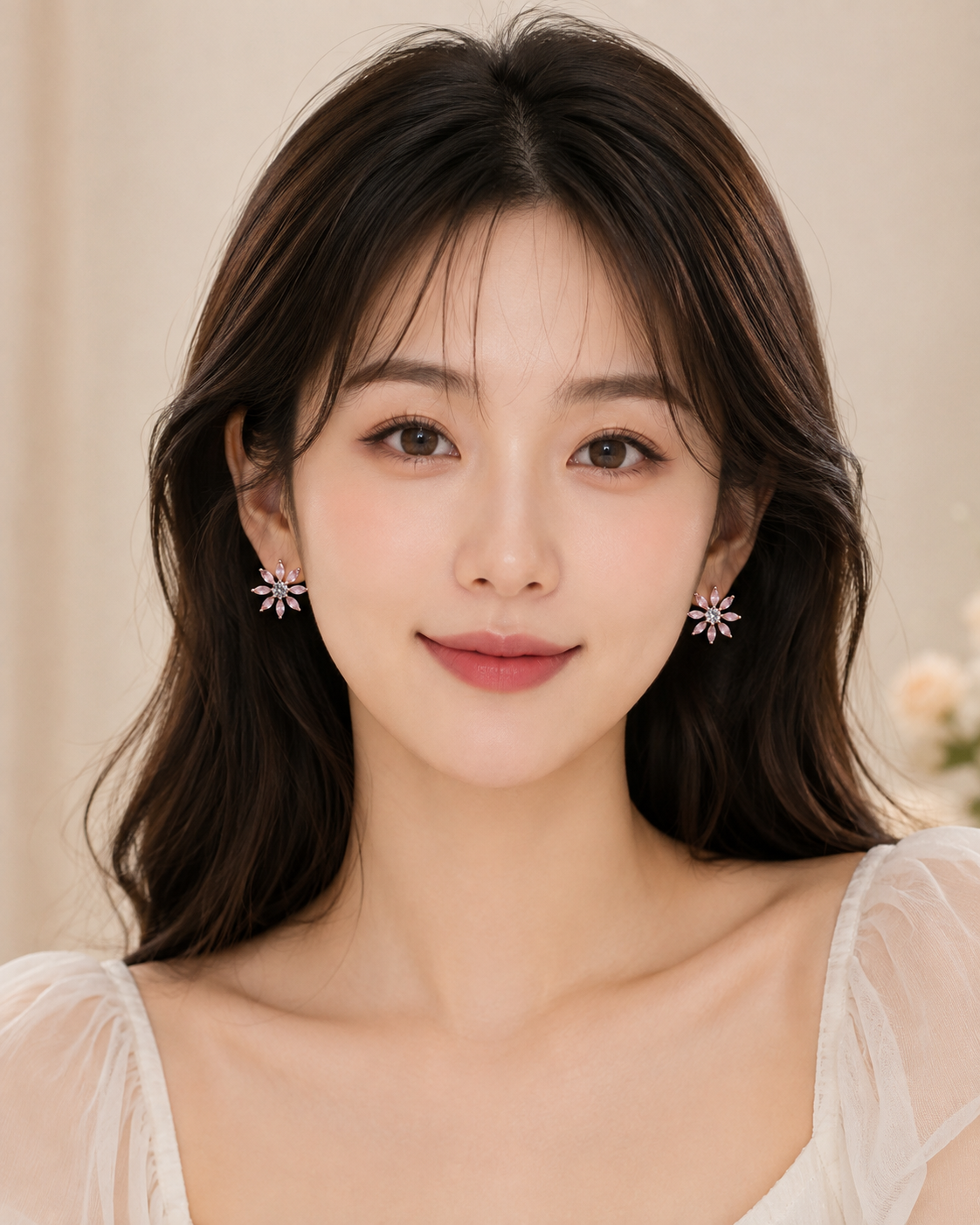Pink Crystal Flower Stud Earrings for Women