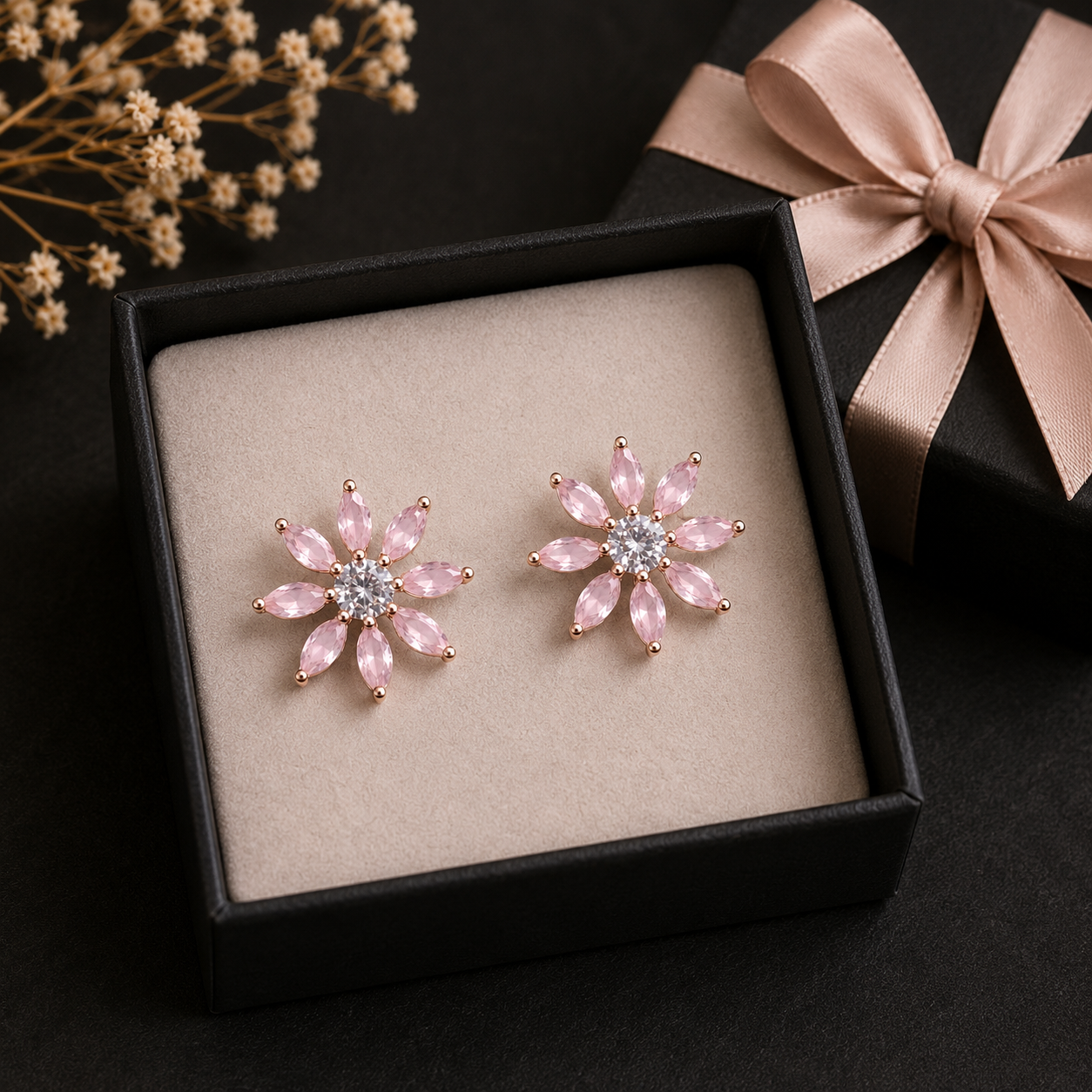 Pink Crystal Flower Stud Earrings for Women
