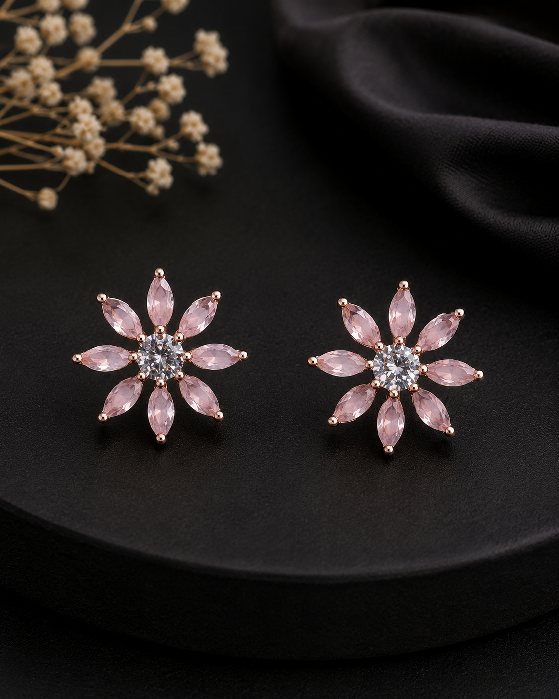 Pink Crystal Flower Stud Earrings for Women