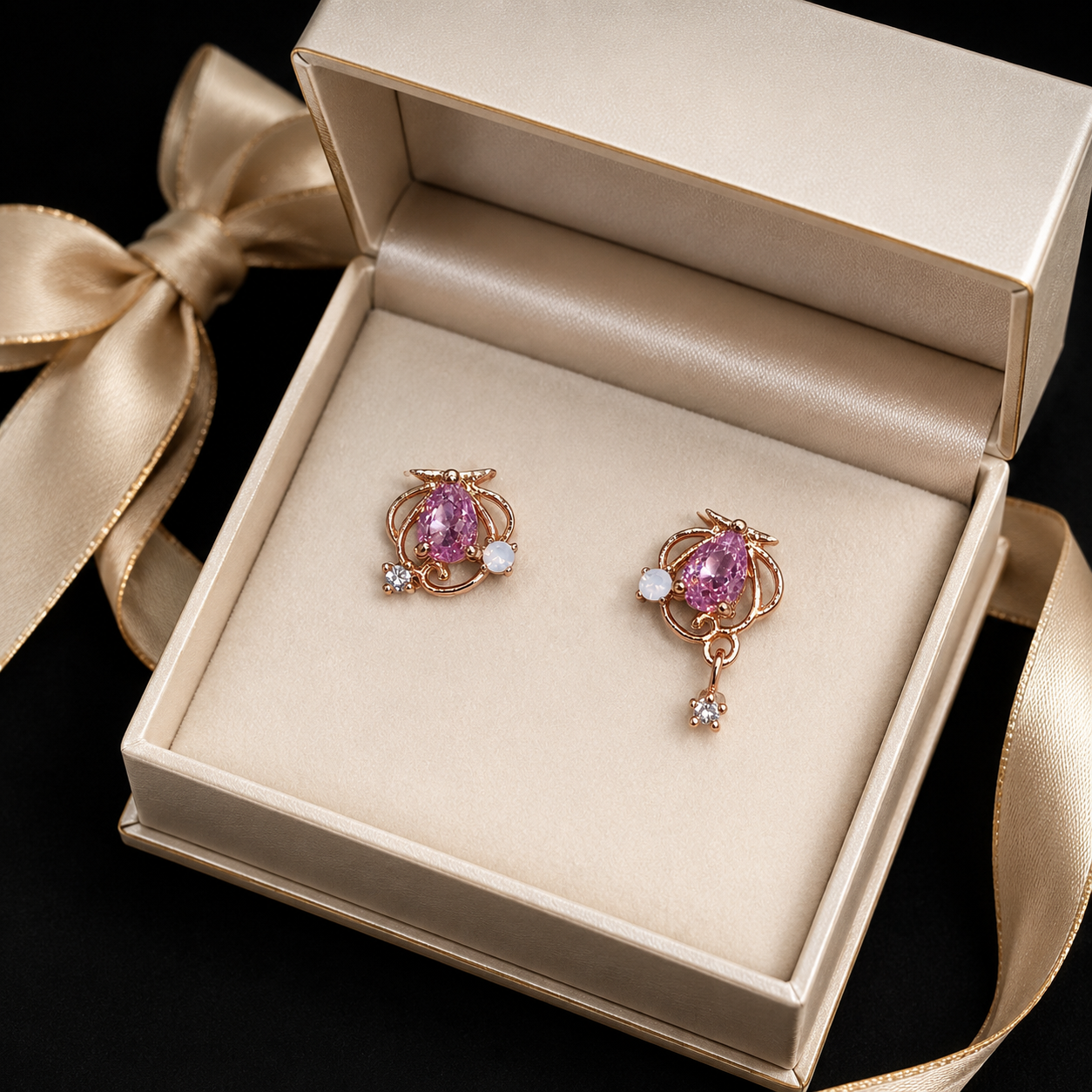 Mismatched Purple Crystal Floral Drop Earrings