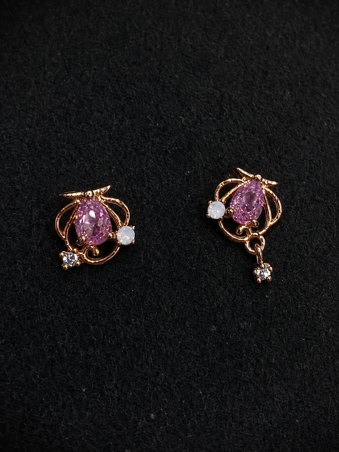 Mismatched Purple Crystal Floral Drop Earrings