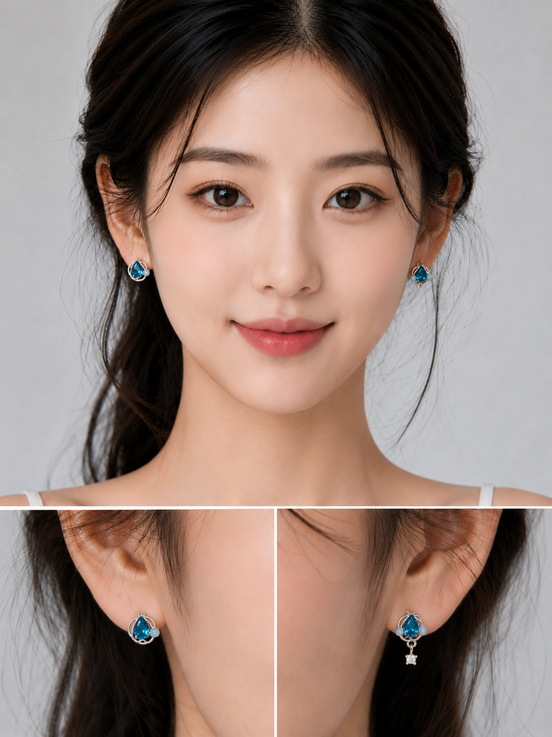 Blue Teardrop Crystal Floral Drop Earrings