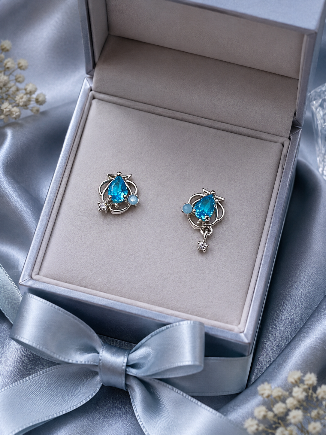 Blue Teardrop Crystal Floral Drop Earrings