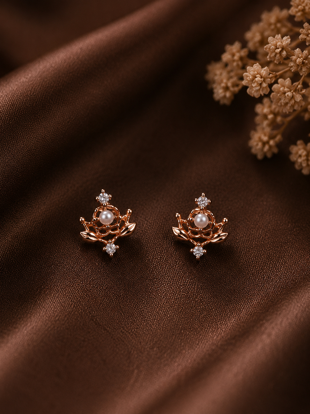 Rose Gold Pearl Floral Stud Earrings for Women
