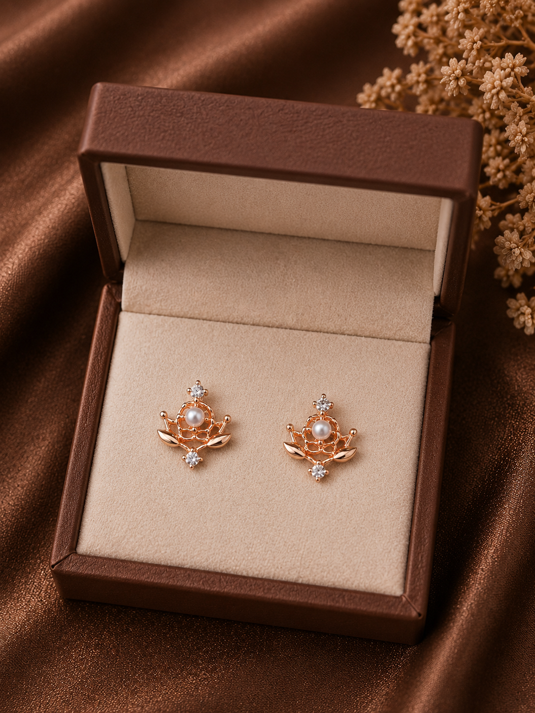 Rose Gold Pearl Floral Stud Earrings for Women