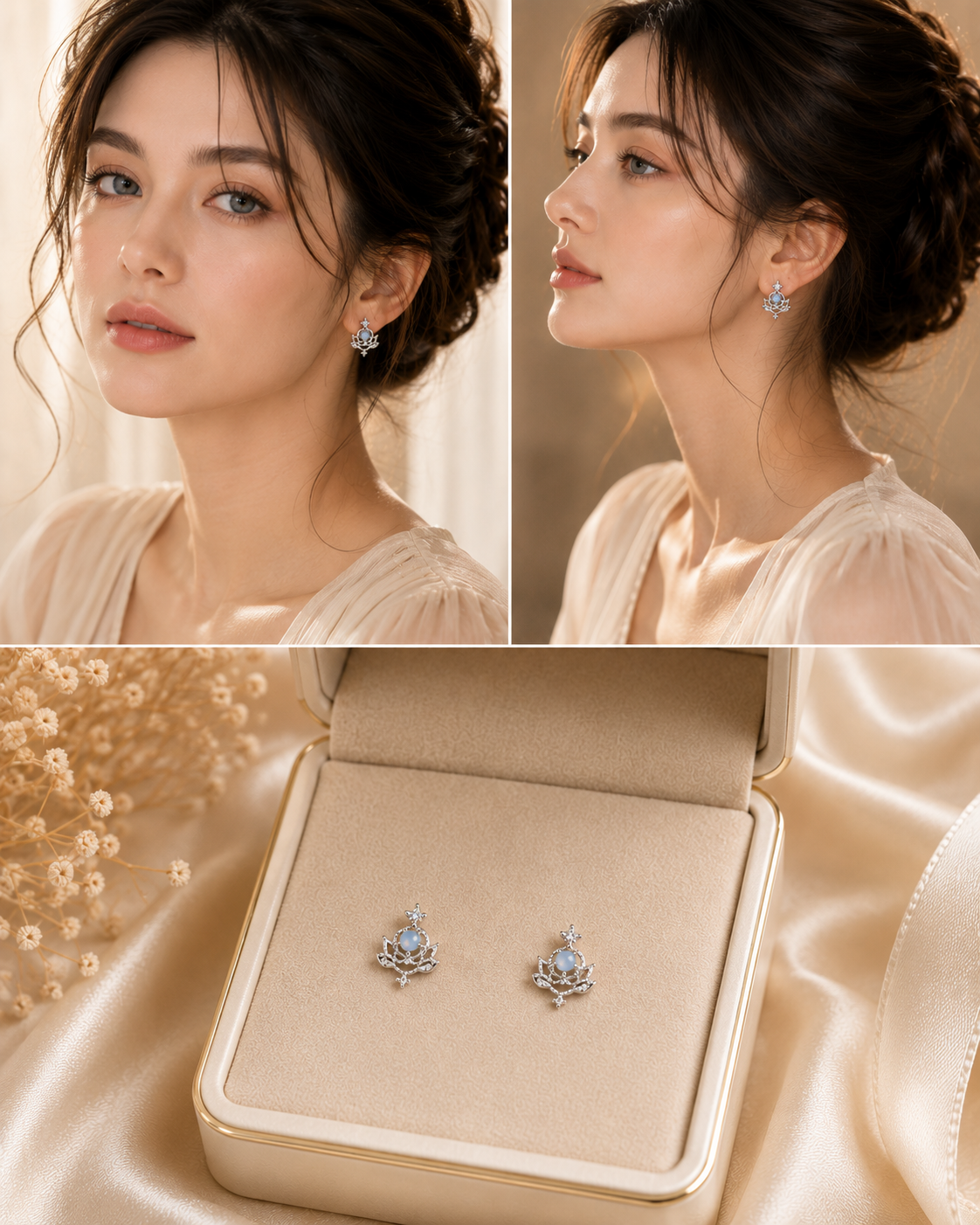 Silver Blue Stone Floral Stud Earrings for Women