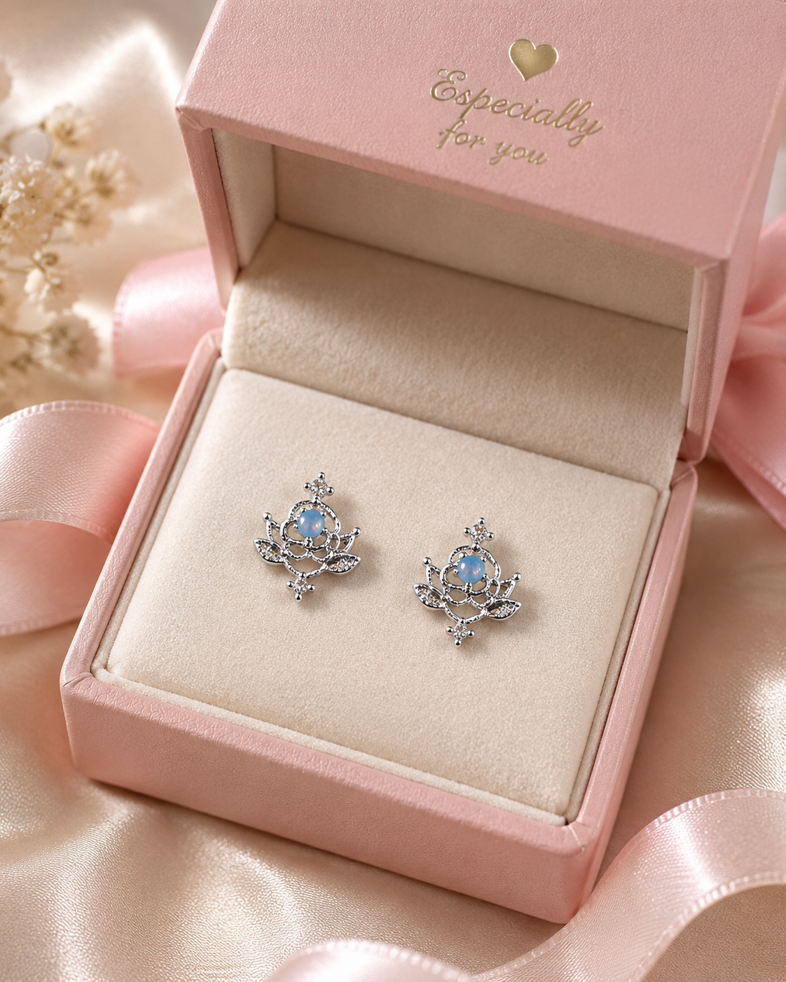 Silver Blue Stone Floral Stud Earrings for Women