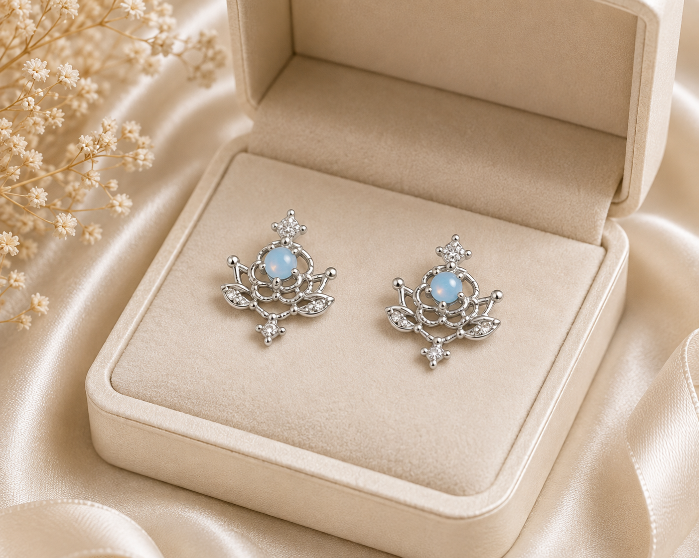 Silver Blue Stone Floral Stud Earrings for Women